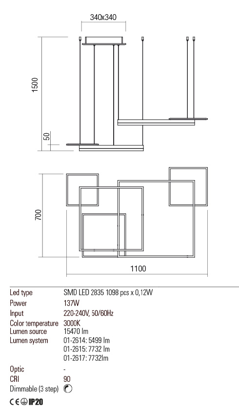 Lustra LED Sigua, alb mat, 137W, 15470lm, 3000K, IP20, Redo, 01-2614