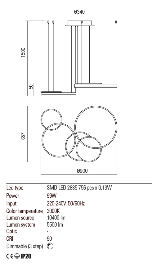 Lustra LED Sigua, alb mat, 99W, 10400lm, 3000K, IP20, Redo, 01-2605