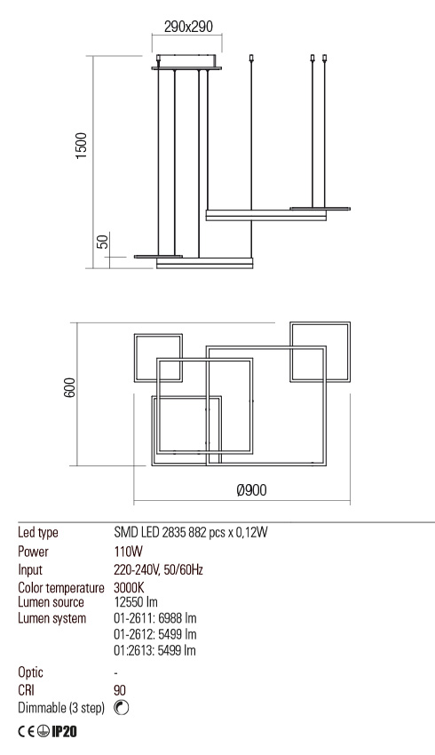 Lustra LED Sigua, maro mat, 110W, 12550lm, 3000K, IP20, Redo, 01-2613