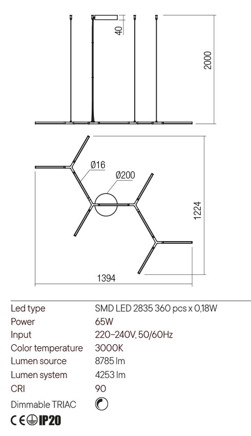 Lustra LED Stick, alama, 65W, 8785lm, 3000K, IP20, Redo, 01-2796