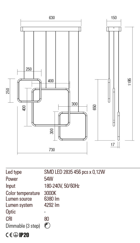 Lustra LED Thai, alb mat, 54W, 6380lm, 3000K, IP20, Redo, 01-2097