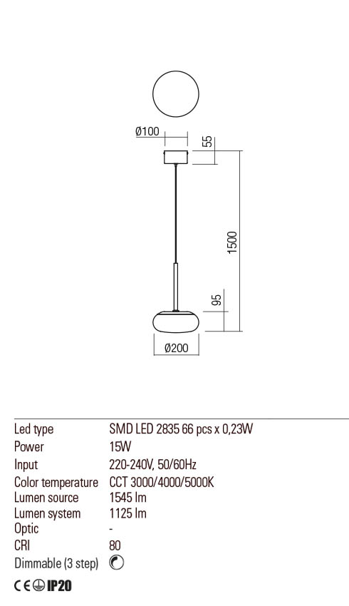 Lustra suspendata LED Ubis, alb mat, 15W, 1125lm, CCT 3000/4000/5000K, D.20cm, IP20, Redo, 01-2232