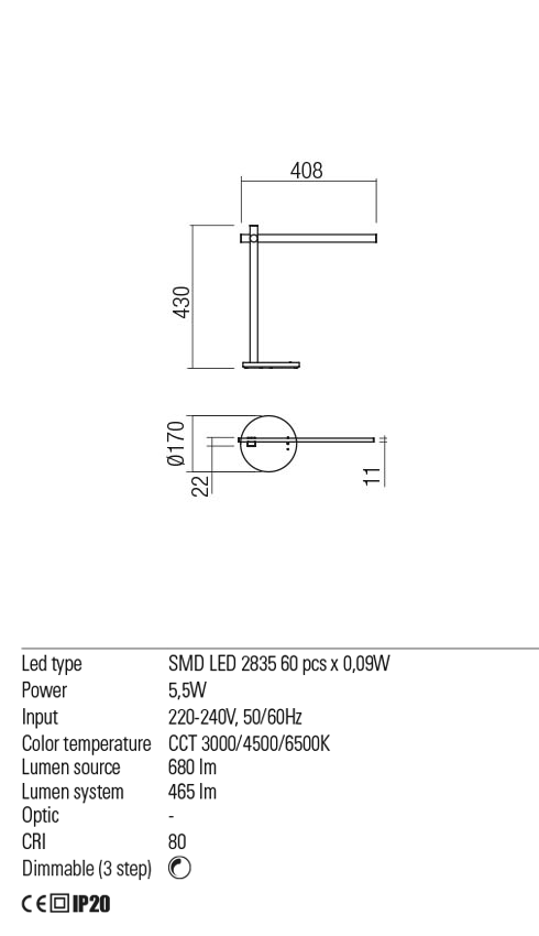 Veioza LED Omeo, alb mat, 5.5W, 465lm, 3000K/4500K/6500K, IP20, Redo, 01-2212