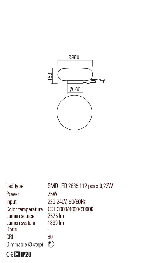Veioza LED Ubis, alb mat, 25W, 1899lm, 3000/4000/5000K, Redo, 01-2237
