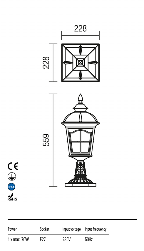 Stalp exterior York, negru antic cu patina maro, 1xE27, IP44, Redo, 9652