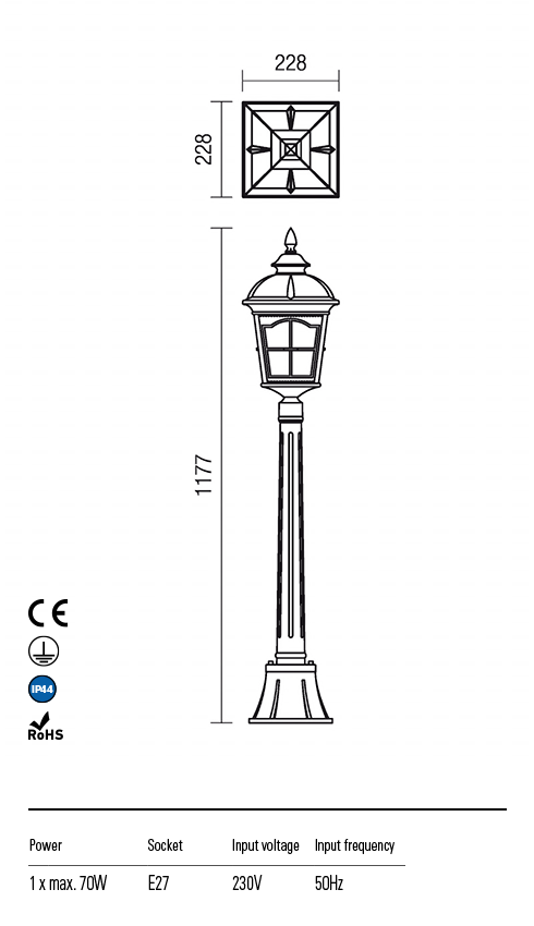 Stalp exterior York, negru antic cu patina maro, 1xE27, IP44, Redo, 9653