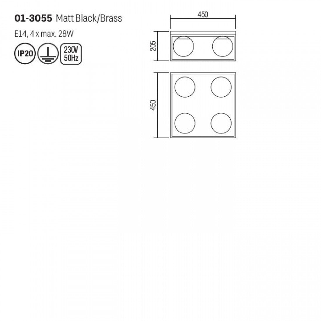 Plafoniera Zodiac, negru/alama, sticla, 4xE14, L.45cm, IP20, Smarter, 01-3055