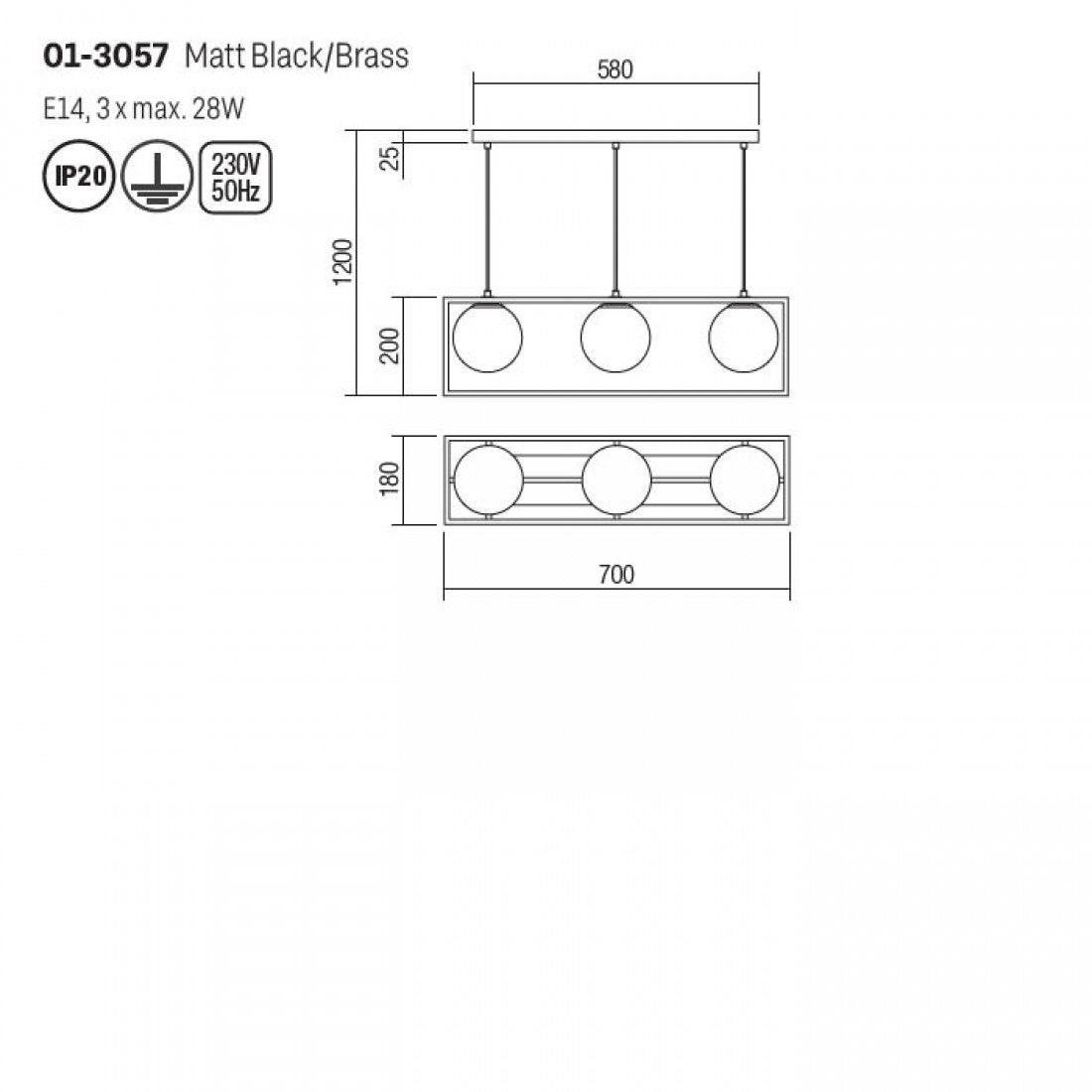 Lustra suspendata Zodiac, negru/alama, sticla, 3xE14, H.120cm, IP20, Smarter, 01-3057