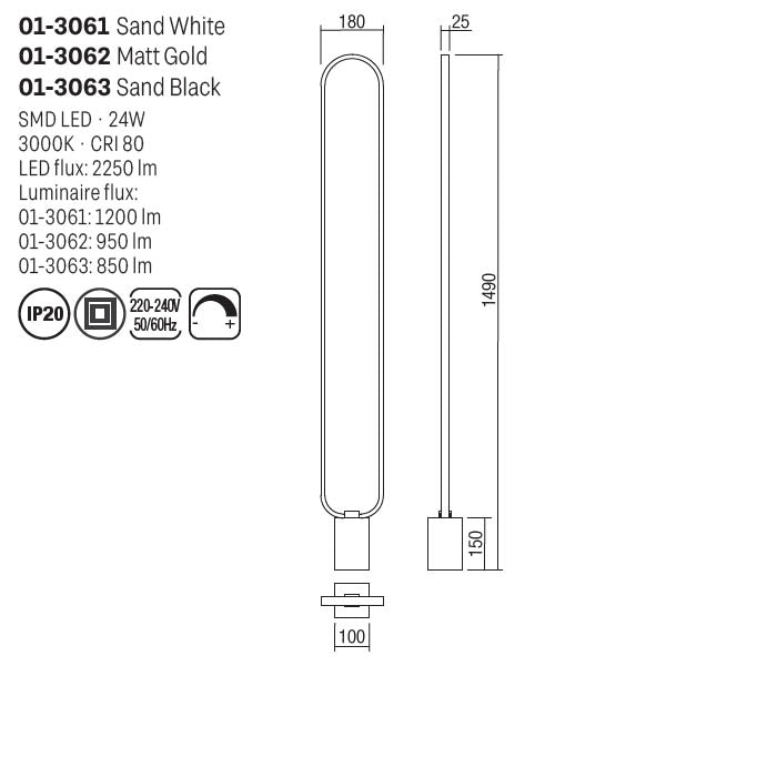 Lampadar Ado, auriu mat, LED, 24W, 950 lumeni, alb cald 3000K, H.149 cm, Smarter 01-3062