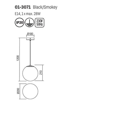 Suspensie Boldy, negru mat, sticla fumurie, 1XE14, D.20 cm, Smarter 01-3071