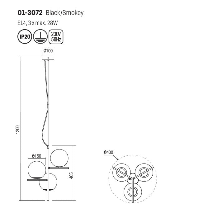 Suspensia Boldy, negru mat, sticla fumurie, 3XE14, D.40 cm, Smarter 01-3072