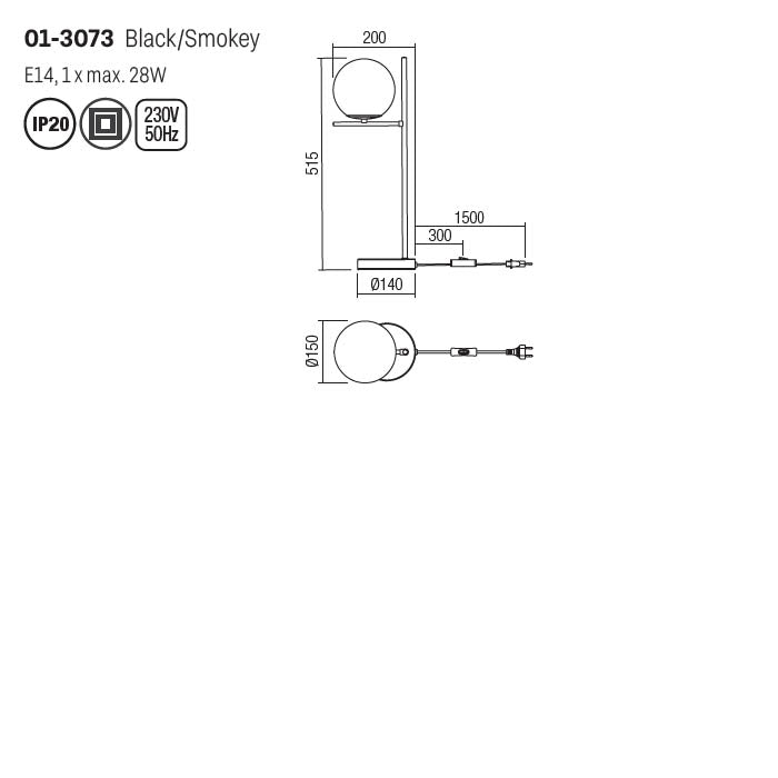 Veioza Boldy, negru mat, sticla fumurie, 1XE14, H.51 cm, Smarter 01-3073