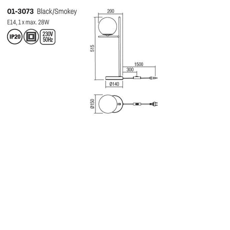 Veioza Boldy, negru mat, sticla fumurie, 1XE14, H.51 cm, Smarter 01-3073