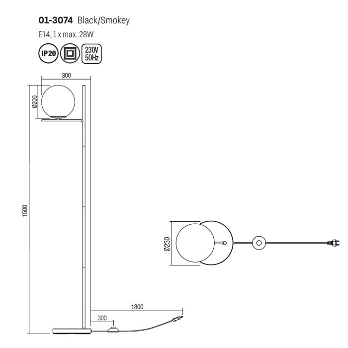 Lampadar Boldy, negru mat, sticla fumurie, 1XE14, H.150 cm, Smarter 01-3074