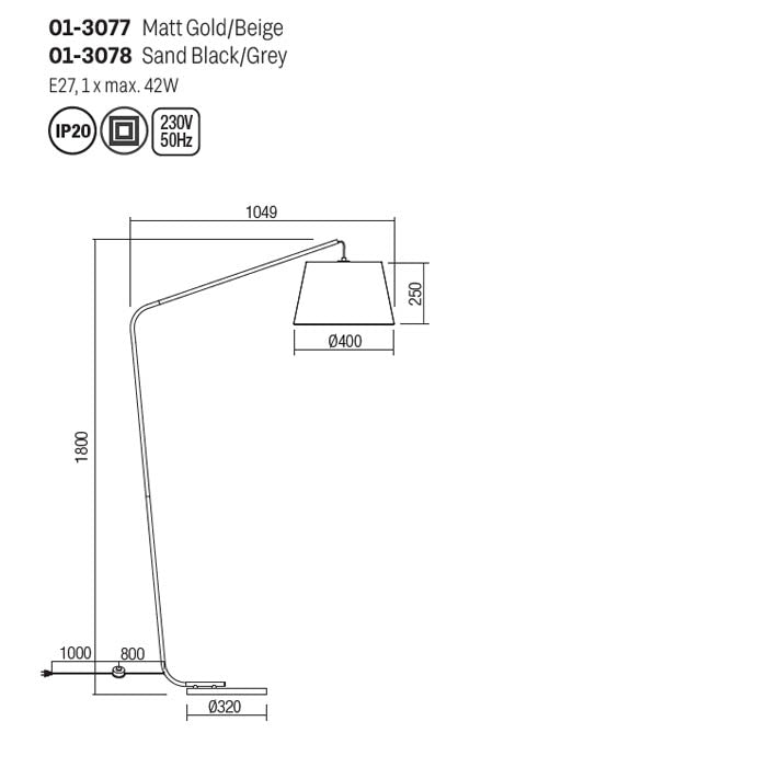 Lampadar Kermit, auriu mat, textil, 1XE27, H.180 cm,Smarter 01-3077