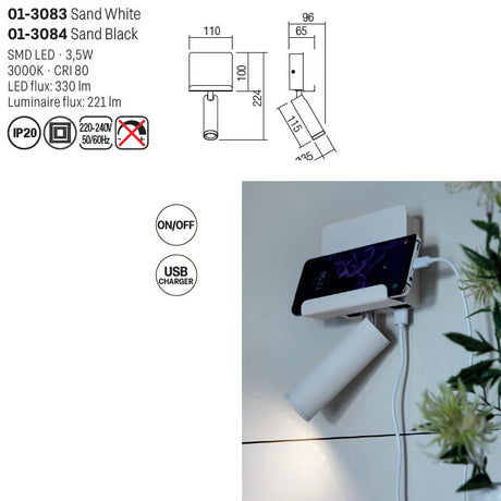 Aplica Panel, negru mat, LED, 3.5W, 221 lumeni, alb cald 3000K, Smarter 01-3084