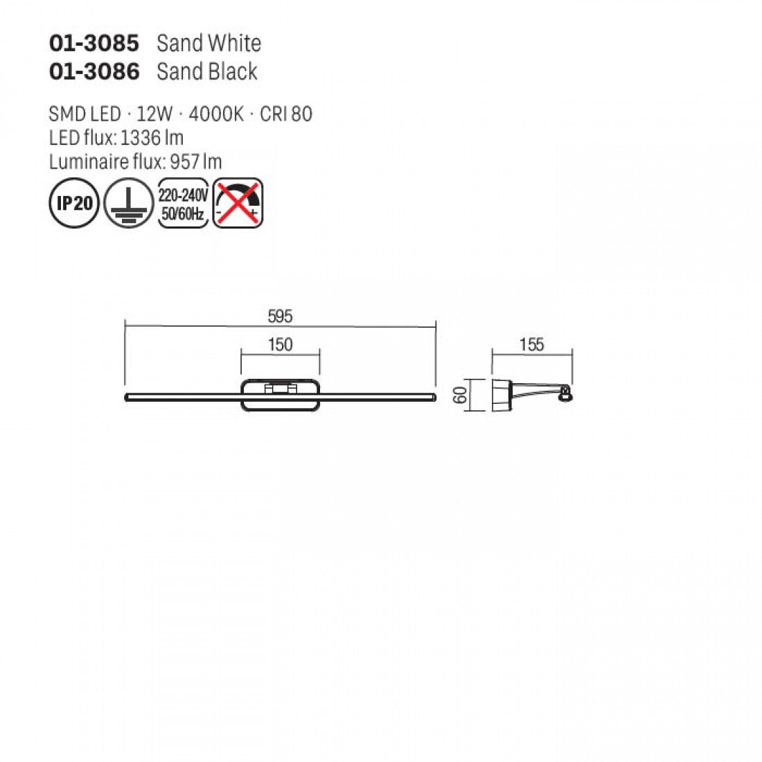 Aplica LED Steam, alb mat, 12W, 957lm, 4000K, IP20, L.60 cm, Smarter, 01-3085