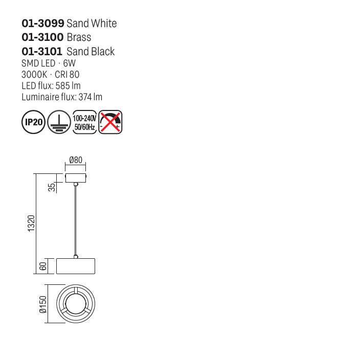 Lustra suspendata LED Punkt, alb mat, 6W, 374lm, 3000K, D.15cm, IP20, Smarter, 01-3099