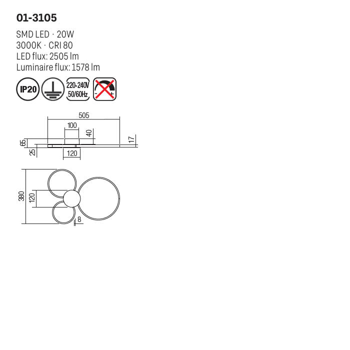 Plafoniera Smarter Atom, negru/alama, LED, 20W, 2505 lumeni, alb cald 3000K, L.50 cm, Smarter 01-3105