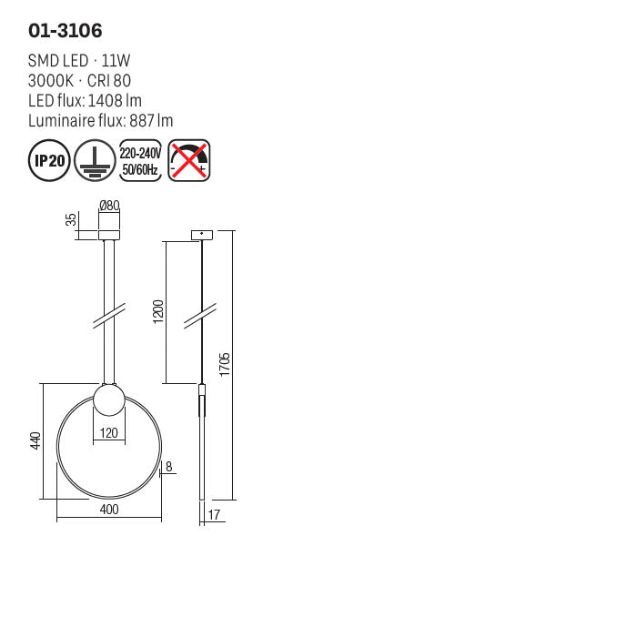 Suspensie Atom, negru/alama, LED, 11W, 1408 lumeni, alb cald 3000K, D.40 cm, Smarter 01-3106