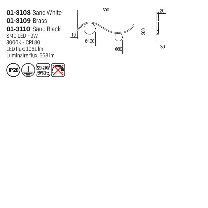 Aplica Wave, alama, LED, 9W, 668 lumeni, alb cald 3000K, L.60 cm, Smarter 01-3109