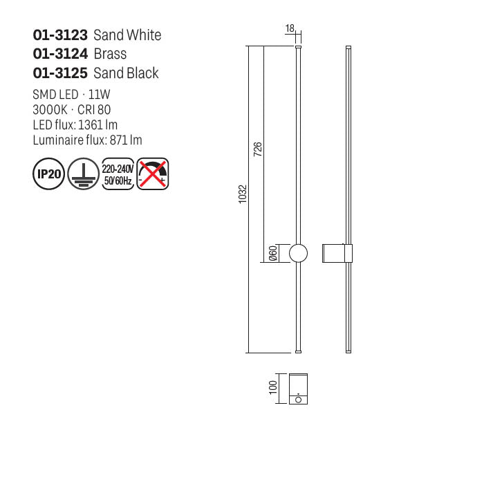 Aplica Taboo, alb mat, LED, 11W, 871 lumeni, alb cald 3000K, L. 103 cm, Smarter 01-3123