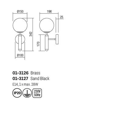 Aplica  Haiku, negru mat, sticla, 1XE14, Smarter 01-3127