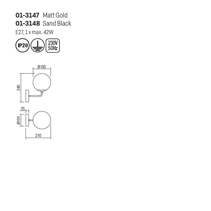 Aplica Bowling, negru mat, sticla, 1XE27, Smarter 01-3148