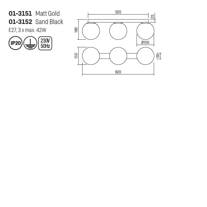 Plafoniera Bowling, auriu mat, sticla, 3XE27, L.52 cm, Smarter 01-3151