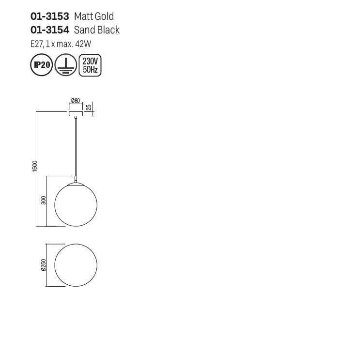 Suspensie Bowling, negru mat, sticla, 1XE27, D.25 cm, Smarter 01-3154