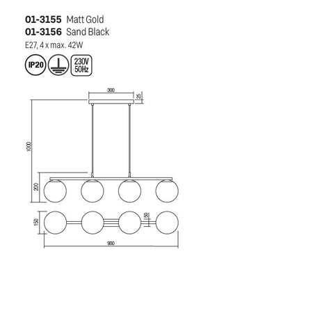 Suspensie Bowling, negru mat, sticla, 4XE27, L.90 cm, Smarter 01-3156