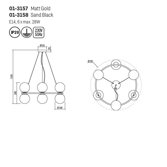 Suspensie Bowling, negru mat, sticla, 6XE14, D.70 cm, Smarter 01-3158