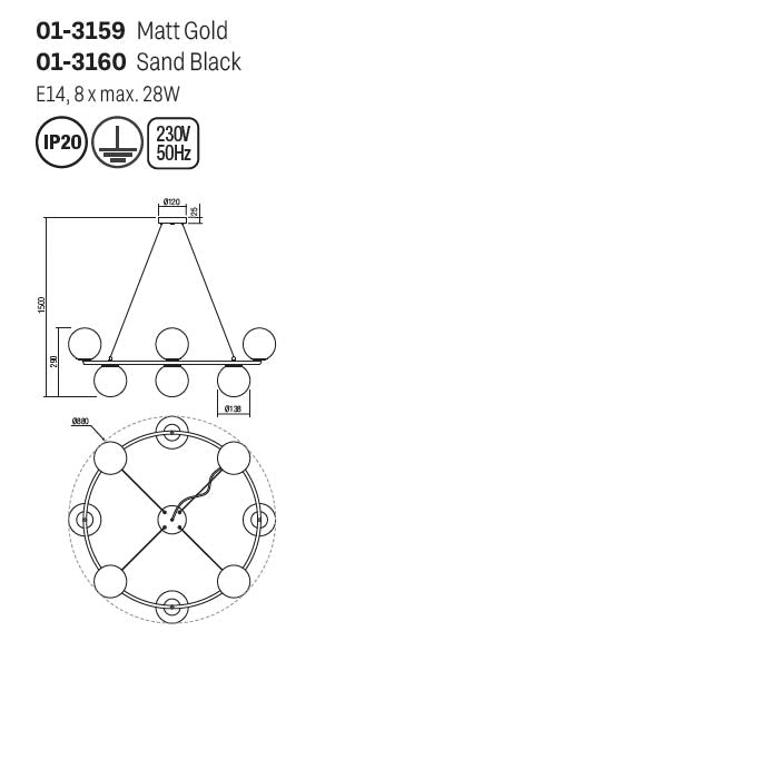 Suspensie Bowling, negru mat, sticla, 8XE14, D.88 cm, Smarter 01-3160