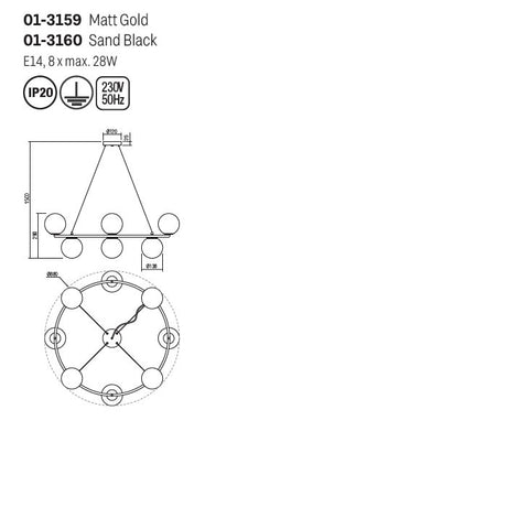 Suspensie Bowling, aur mat, sticla, 8XE14, D.88 cm, Smarter 01-3159