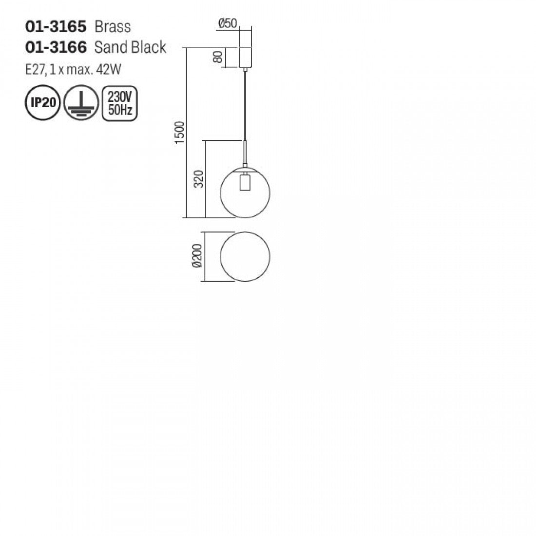 Lustra suspendata Global, negru mat, 1xE27, D.20cm, IP20, Smarter, 01-3166