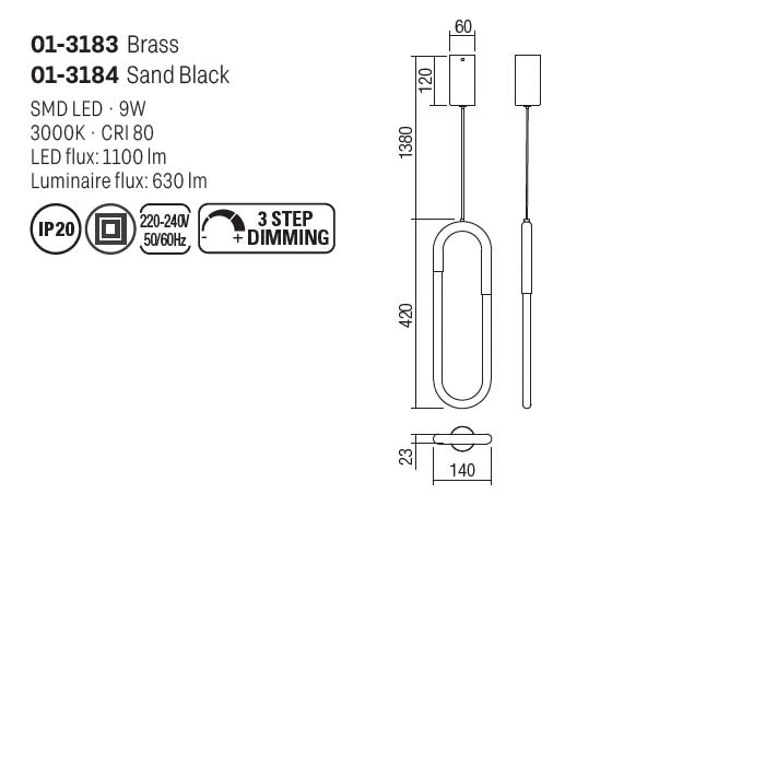 Suspensie Latium, negru mat, LED, 9W, 1300 lumeni, alb cald 3000K, Smarter 01-3184