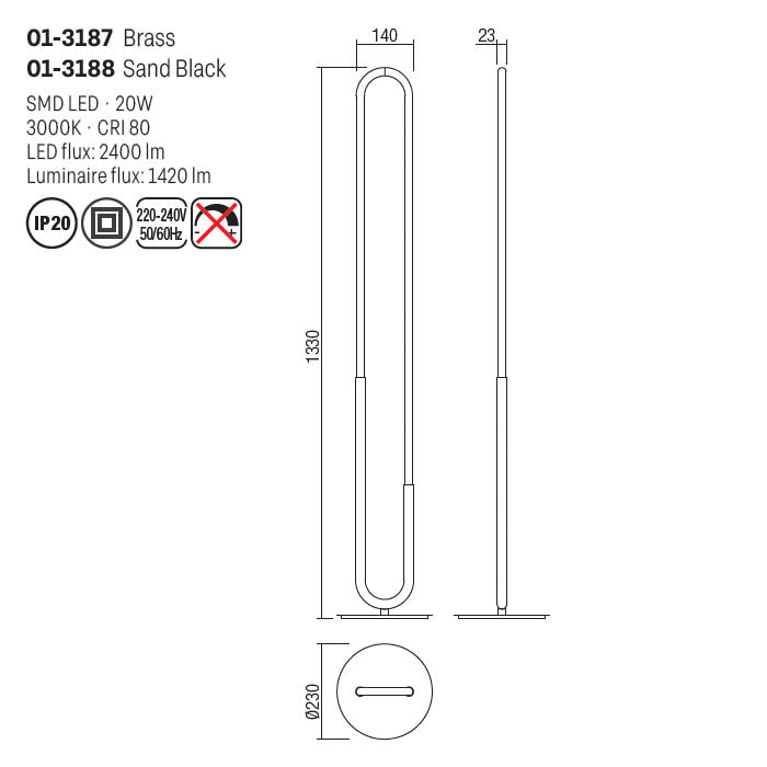 Lampadar Latium,negru mat, LED, 20W, 2400 lumeni, alb cald 3000K, H.133 cm, Smarter 01-3188