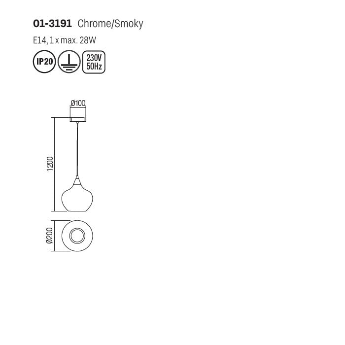 Suspensie Tanner, crom, sticla fumurie, 1XE14, D.20 cm, Smarter 01-3191