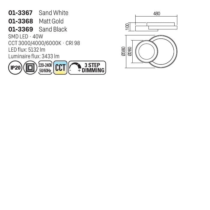 Plafoniera Combi, negru mat, LED CCT, 40W, 3000/4000/6000K, 3433 lumeni, L.48 cm, Smarter 01-3369