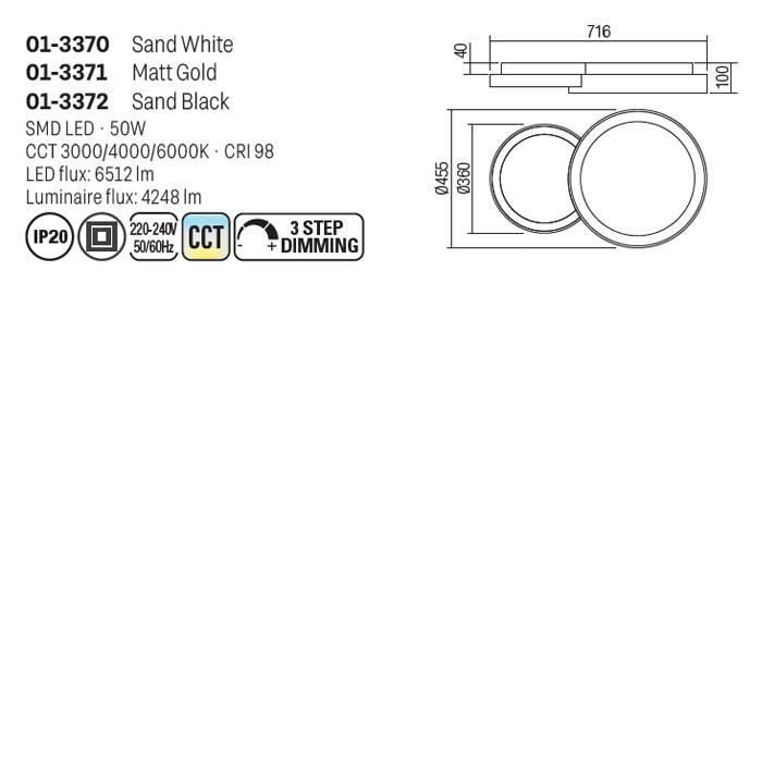 Plafoniera Combi, alb mat, LED CCT, 50W, 3000/4000/6000K, 4248 lumeni, L. 72 cm, Smarter  01-3370