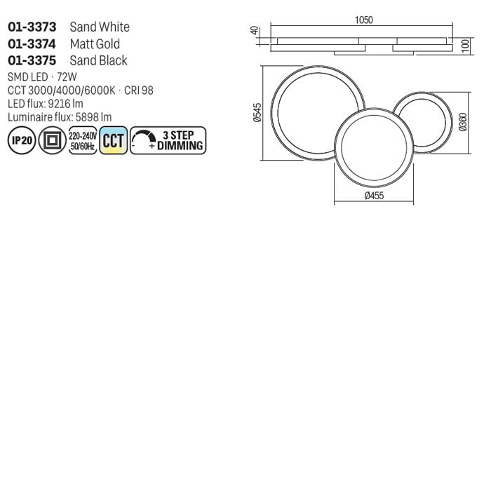 Plafoniera Combi, negru mat, LED CCT, 72W, 3000/4000/6000K, 5898 lumeni, L. 105 cm, Smarter 01-3375