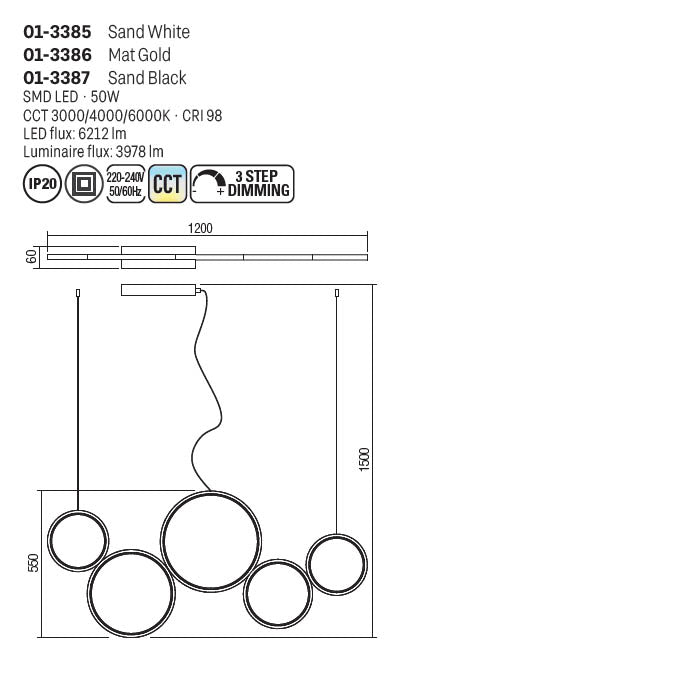 Suspensie Athena, auriu mat, LED CCT, 50W, 3000/4000/6000K, 3978 lumeni, L.120 cm, Smarter 01-3386