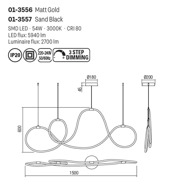 Suspensie Henk, auriu mat, LED, 54W, 2700 lumeni, lumina calda 3000K, L.150 cm, Smarter 01-3556