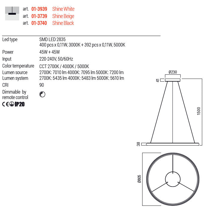Lustra LED Vance, alb, 90W, 7200lm, 2700K, 4000K, 5000K, telecomanda, D.80cm, IP20, Redo, 01-3939