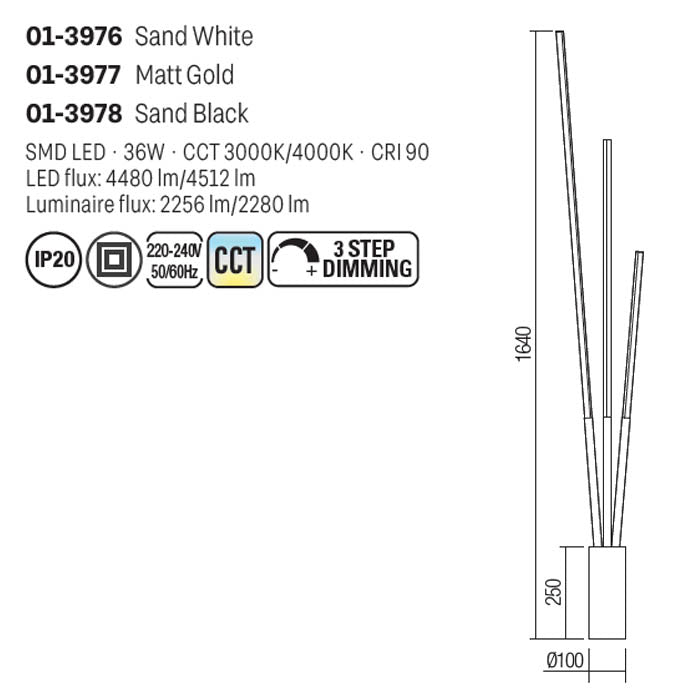 Lampadar Herald, negru mat, LED CCT, 36W, 2280 lumeni, 3000K/4000K, H.164 cm, Smarter 01-3978