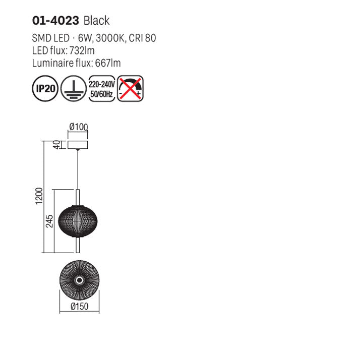 Suspensie Ventura, negru mat, LED, 6W, 667 lumeni, alb cald 3000K, H.25 cm, Smarter 01-4023