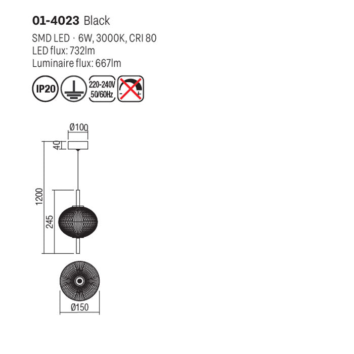 Lustra suspendata Ventura, negru mat, LED, 6W, 667 lumeni, alb cald 3000K, H.25 cm, Smarter 01-4023