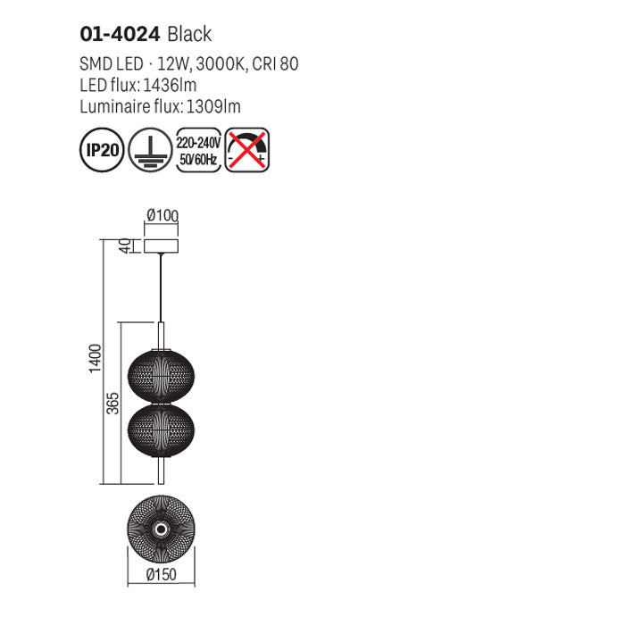 Lustra suspendata Ventura, negru mat, LED, 12W, 1309 lumeni, alb cald 3000K, H.36 cm, Smarter 01-4024