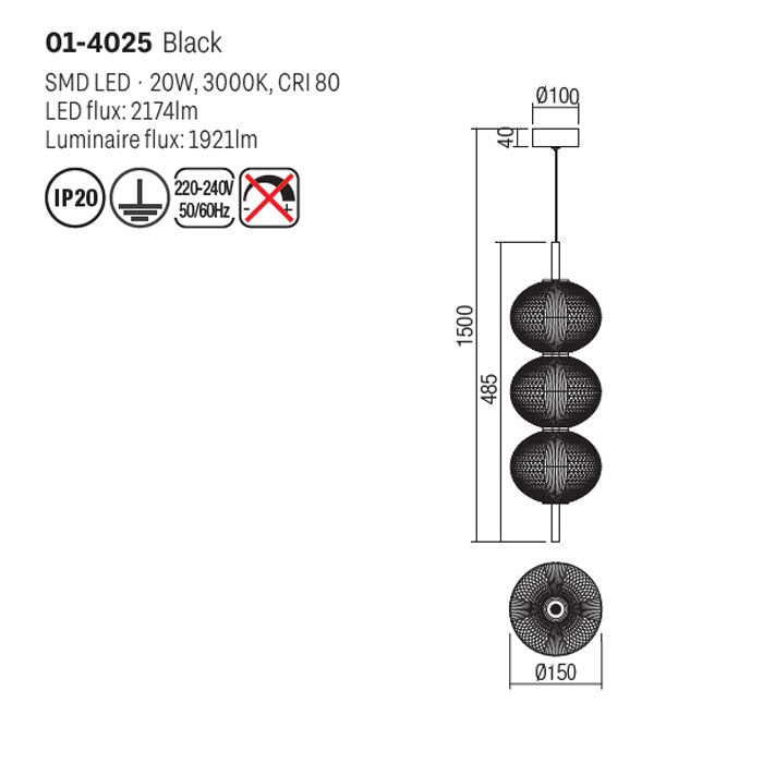 Suspensie Ventura, negru mat, LED, 20W, 1921 lumeni, alb cald 3000K, H.49 cm, Smarter 01-4025