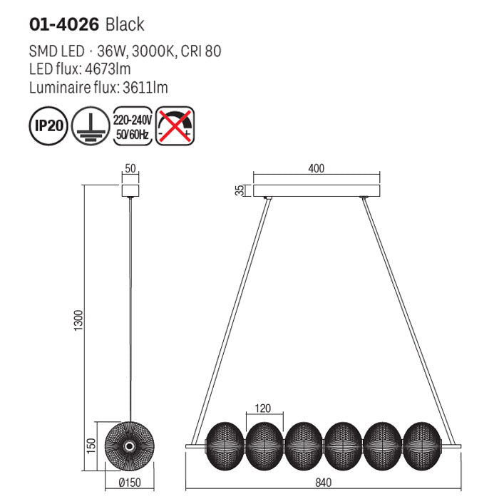 Suspensie Ventura, negru mat, LED, 36W, 3611 lumeni, alb cald 3000K, L.84 cm, Smarter 01-4026